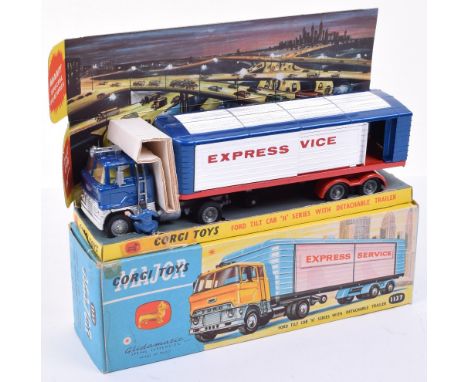 Corgi Major Toys 1137 Ford Tilt Cab ‘H’ Series with Detachable Trailer ‘Express Service’, metallic blue/red/silver/grey body,