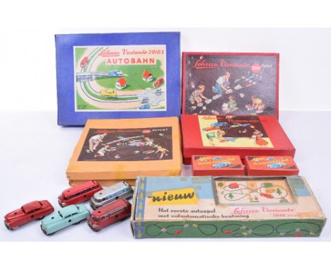 Schuco Varianto vehicles, track and buildings, 3010, 3010X Autobahn, 3010K, 2x3112 truck boxes, boxed 3051 crossing with ligh