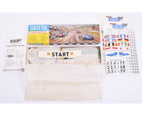 Scalextric Boxed HP/2 Trackside Accessory Pack, start/finish banner, crash barriers, straw bale obstacles, oil drum obstacles