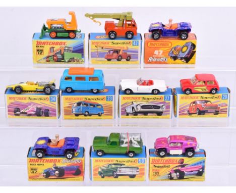 Matchbox ten Superfast Models, 12c Big Bull Bulldozer, 23a Volkwagen Camper, blue body, 27a Mercedes 230sl white body, 29b Ra