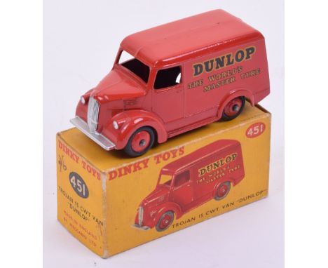 Dinky Toys 451 Trojan Dunlop Tyres Van, red body/wheel hubs, in excellent to mint condition, with original box in very good c