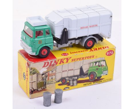 Dinky Toys 978  Bedford TK Refuse Wagon, green cab, red interior, light grey plastic tipping body, red plastic wheel hubs, tw