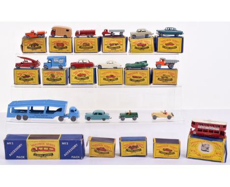 Fifteen Boxed Matchbox Moko Lesney Models, 6a Dump truck, 9b Dennis Fire engine, 10a Scammell Mechanical Horse, 11a ERF Tanke