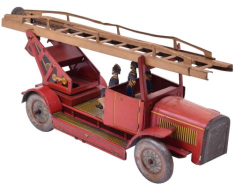 Tinplate clockwork Fire Engine, red with yellow lining, bench seats with four firemen, extending ladder, Continental Cord tyr