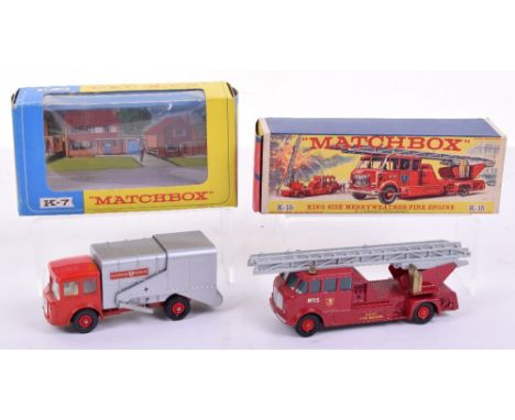 Two Boxed Matchbox King Size Models, K-15 Merryweather Fire Engine ‘Kent firebrigade’ red body, red plastic wheel hubs, in sl