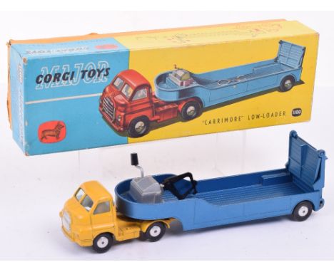 Corgi  Major Toys 1100 Bedford “Carrimore” Low-Loader, yellow cab, metallic blue low loader, smooth wheel hubs, in very good 