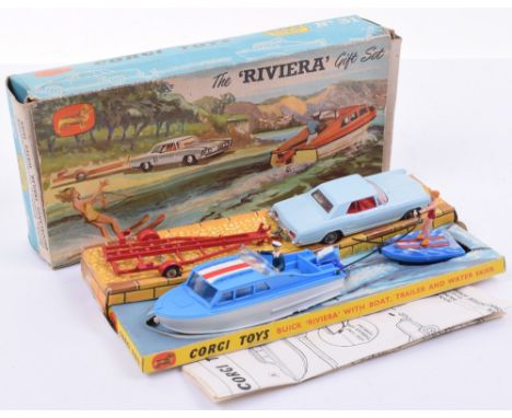  Corgi Toys The ‘Riviera’ Gift Set 31, Buick Riviera, light blue in mint condition, Dolphin Cabin Cruiser with figure, Brookl
