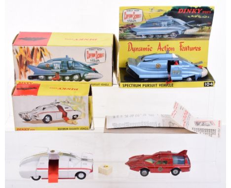 Three Dinky Toys Captain Scarlet Models, boxed 105 Maximum Security Vehicle, white body, 1st issue with painted red lines, co