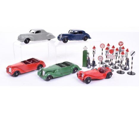 Five Dinky Toys, 38e Armstrong Siddley, red body, dark maroon seats, black ridge wheel hubs (missing windscreen), 38c Lagonda