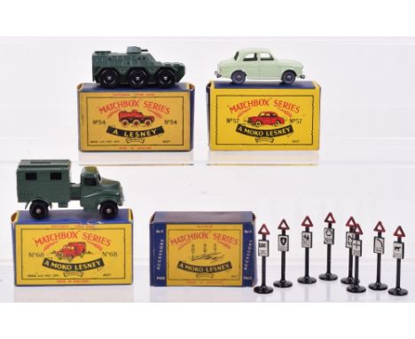 Three Boxed Matchbox Moko Lesney Models, 54a Saracen Carrier, military green, in a C box, 57a Wolsey 1500, pale green, grey p