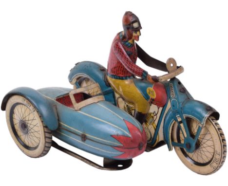 Tinplate clockwork Motor Cycle and Sidecar by J.M.L of France, blue motorcycle with engine details, rider with yellow trouser