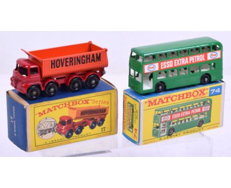 Matchbox two Regular Wheels 17d Foden Hoveringham 8 Wheel Tipper and 74d Daimler Bus, 17d Foden with red cab/chassis, white p