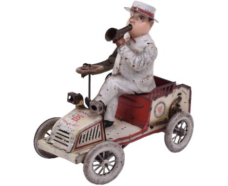 Lehmann tinplate clockwork 490 ‘TUT TUT’ Automobile, cream motorcar with red lining, driver in white suit holding steering wh