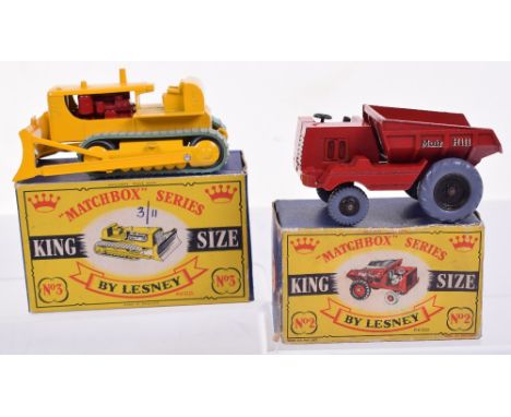 Two Boxed Matchbox Series King Size Models, K-2 1st issue Muir Hill Dumper, red body, black metal wheels and K-3 1st issue Ca