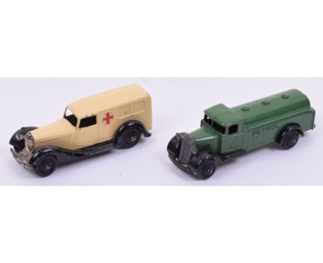 Dinky Toys 25d Petrol Tank Wagon, 4th type, green body, black chassis ‘Petrol’ in excellent condition and 30f Ambulance, crea