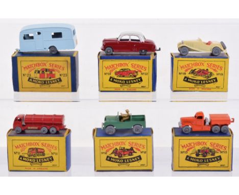 Six boxed Matchbox Regualr Wheels, 11a ESSO Petrol tanker, red, gold trim, small decal to rear of tank, 12a Land Rover, 15a D