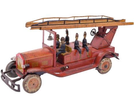 Large Distler tinplate clockwork Fire engine, red engine with orange lining to engine, seated driver and four further firemen