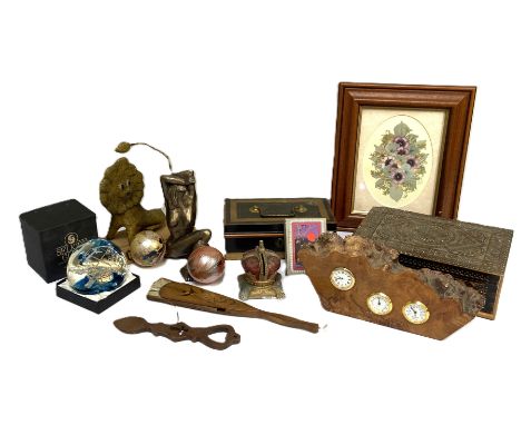 Miscellaneous lot, including a novelty hardwood desk clock, barometer, thermometer, an Indian decorative trinket box, a fan a