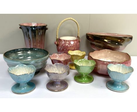 A selection of Maling china, including a pink lustre covered vessel with over-handle, six various coloured entree dishes etc 