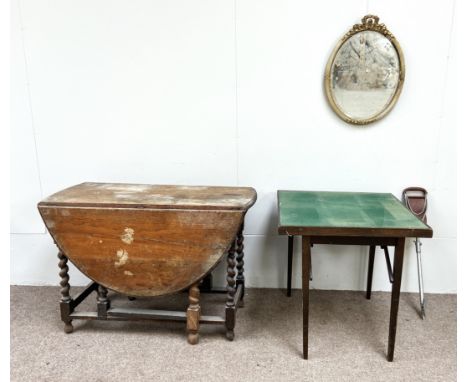 An oak gateleg table; a folding card table; small composition gilt wall mirror and a shooting stick (4)