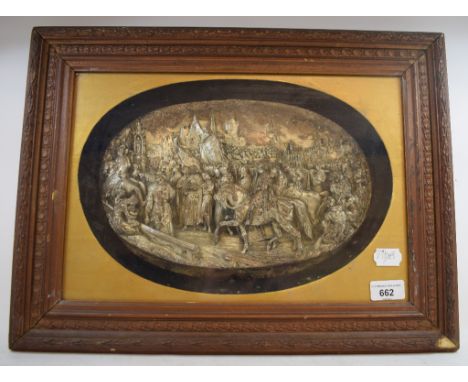 A Continental oval relief panel, depicting Joan of Arc and her troops, signed Justin, 19 x 31 cm

 