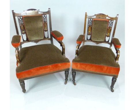 Pair of late 19th C rosewood elbow chairs, boxwood inlay, carved scroll and bluebell trailing panels, flanking later chequer 