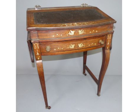 Late Victorian ladies' hall desk, inlaid mahogany, two glass inks, slope with embossed leather insert, internal sections, fur