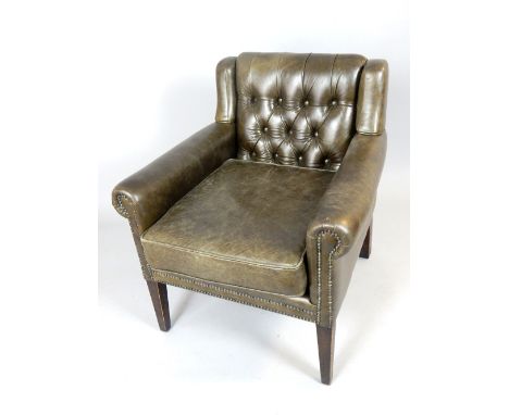 Green leather study chair, button back, box sides, set on tapering box legs, 76cm w.