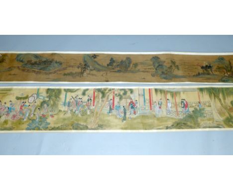19th century Chinese painted scroll, depicting women in an exotic garden, together with another scroll showing a landscape, (