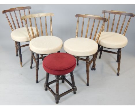Set of four beech stickback scullery chairs, c. 1900, solid button seats, turned legs, and a bar stool. (5)