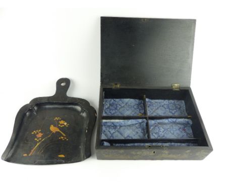 Late 19th Century ebonised and pen-work box, decorated with foliage, 28cm w, together with a crumb scoop, an interesting and 