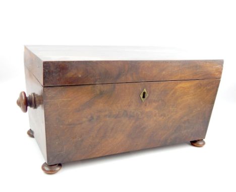 Victorian mahogany two division tea caddy, including a glass mixing bowl and raised on small bun feet, 33cm w