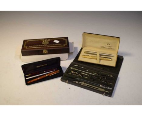 Mixed quantity of fountain and ball point pens, cased Prince Charles &amp; Lady Diana Spencer pencil set and compass set. 