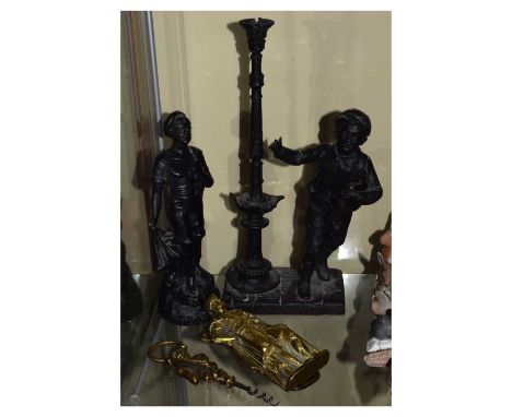 Group of decorative metal items, to include cast brass door knocker modelled as Saxon warrior, 32cm high.