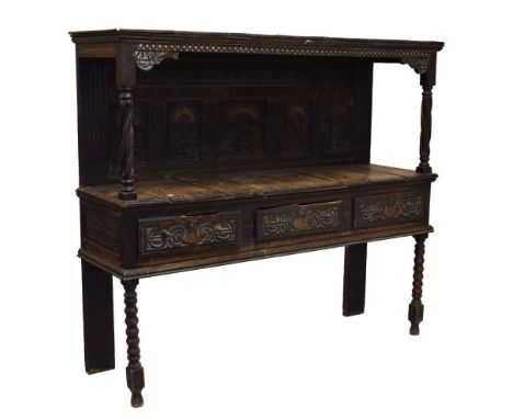 Carved oak buffet sideboard, probably late 19th/early 20th Century incorporating earlier elements, back panel bears date '160
