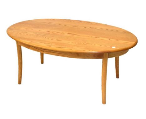 Ercol Golden Dawn elm oval coffee table, 51.5cm x 122cm.Condition report: Light scratches present in place.Due to ongoing Cov