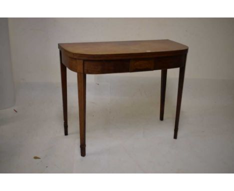 George III mahogany inlaid D-shaped card table, 74cm high. 