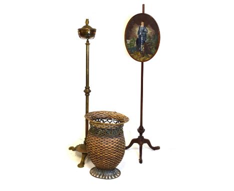 Embroidered polescreen of a nobleman, together with a telescopic standard lamp and wicker bin