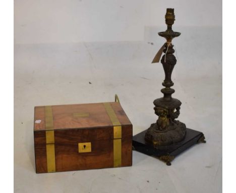 Brass bound mahogany writing box, and gilt metal table lamp