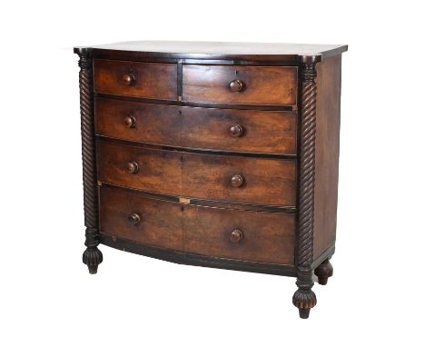 Victorian mahogany bow-front chest of two short over three long drawers, 118cm x 127cm x 51cm approx. 