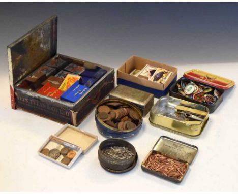 Quantity of vintage tins of enamel badges, Butlins, Robertsons, etc, gramophone needles, coins, cigarette cards, matches, fol