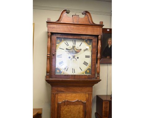 19th Century oak and mahogany longcase clock having white Roman dial and moon phase, 207cm high approx. with weights, pendulu