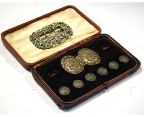 Cased matched set of six Edwardian silver buttons and two piece buckle by Levi &amp; Salaman (one button marked for Walker &a