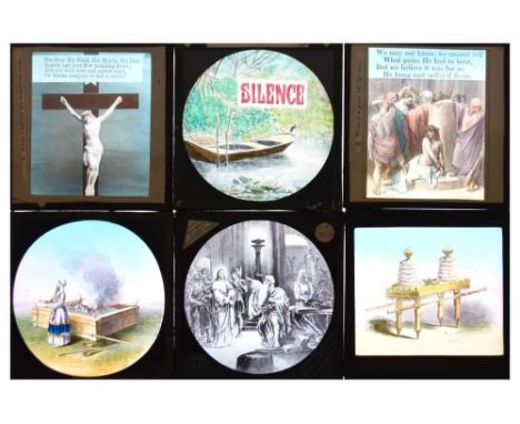 Quantity of mainly religious magic lantern slides. 