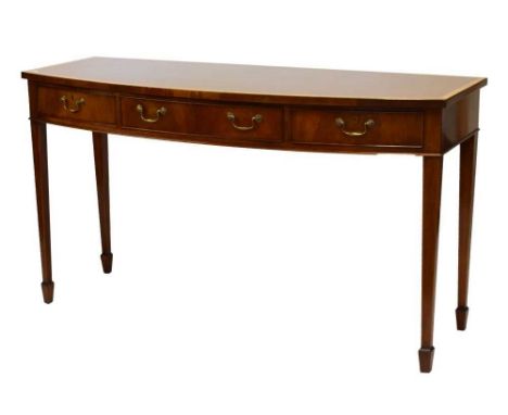 William Tillman - Inlaid bow front carving table having three drawers, 87cm x 153cm x 57cm. 