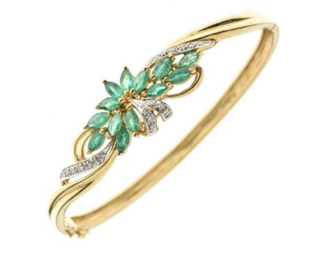 9K yellow metal, emerald and diamond snap bangle, 11.3g gross approx