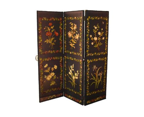 Late 19th/early 20th Century three-panel embroidered screen, worked with floral sprays with foliate borders on a felt ground,