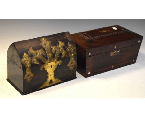 Victorian brass-mounted coromandel stationery box, plus a sarcophagus tea caddy having mother-of-pearl decoration.