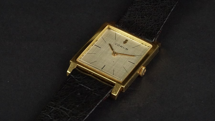 GENTLEMEN'S CORUM 18ct GOLD WRISTWATCH, square silver brushed dial with ...