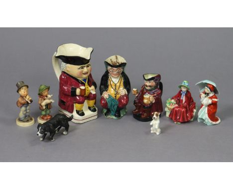Two Royal Doulton figures “Linda” HN2106 &amp; “Miss Muffet” HN 1936; a ditto dog ornament; two Goebel Hummel figures; &amp; 